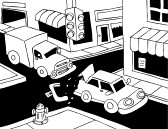  : Car Accident Line Art: Truck read ends a car on the street.